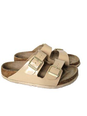 Birkenstock Arizona Patent Sand Beige Gold Big Buckle Sandals Women's Size 6